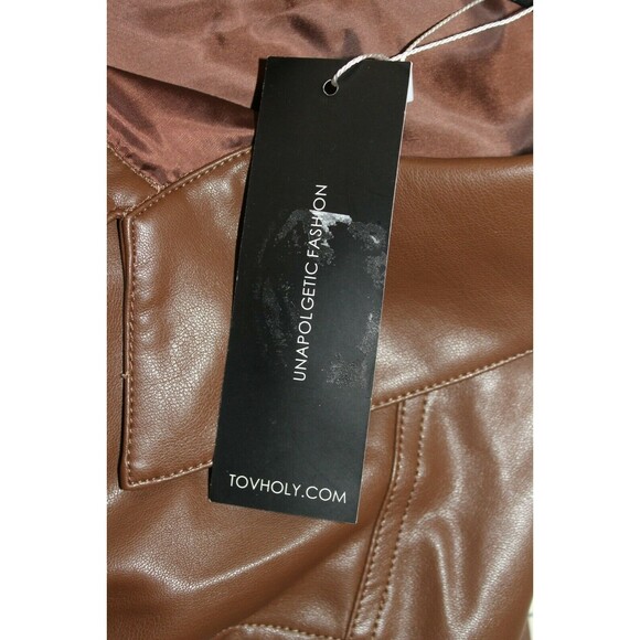 TOV Los Angeles Jacket NWT Brown Faux Leather Cropped Raw Cut Ruffled Size 12 - Picture 6 of 7
